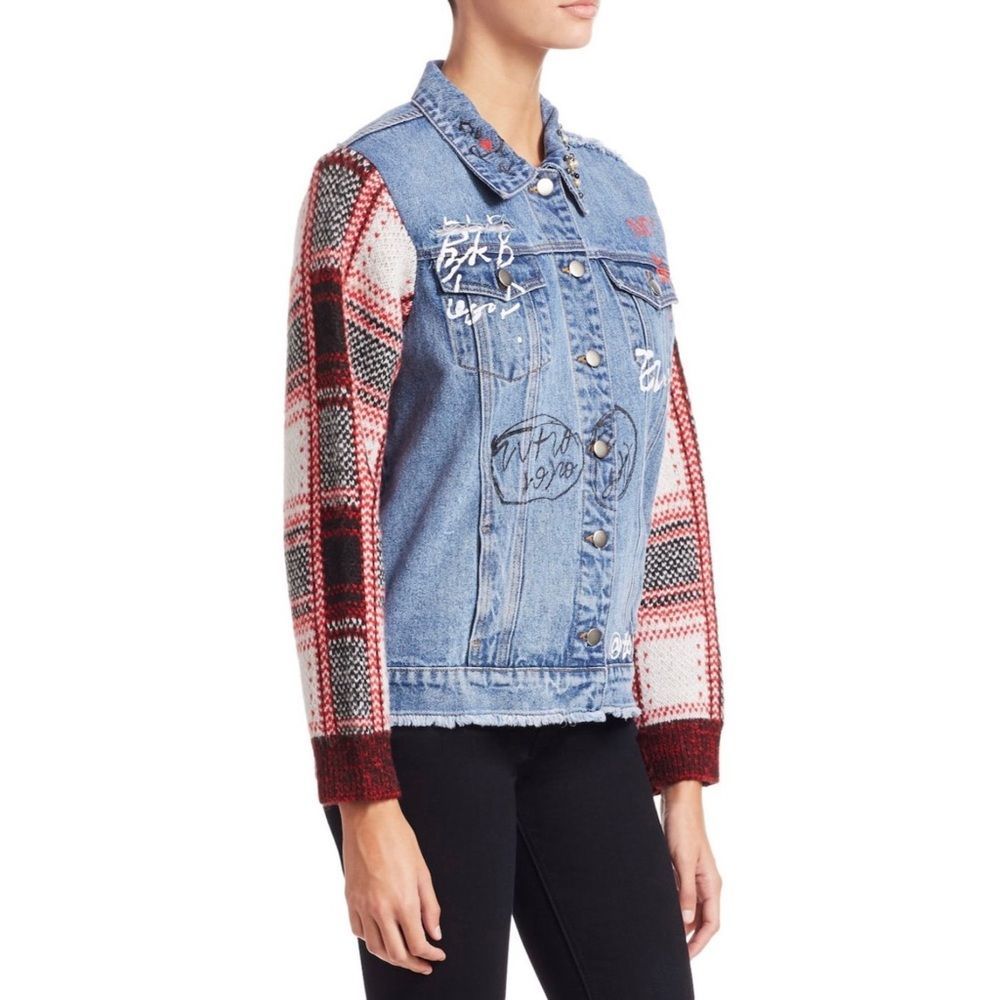Scripted Distressed Plaid Denim Jacket Large NWT - Picture 6 of 8